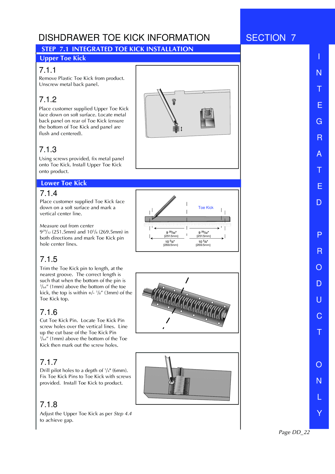 Fisher & Paykel DD602I manual Dishdrawer TOE Kick Information, Integrated TOE Kick Installation, DD22 