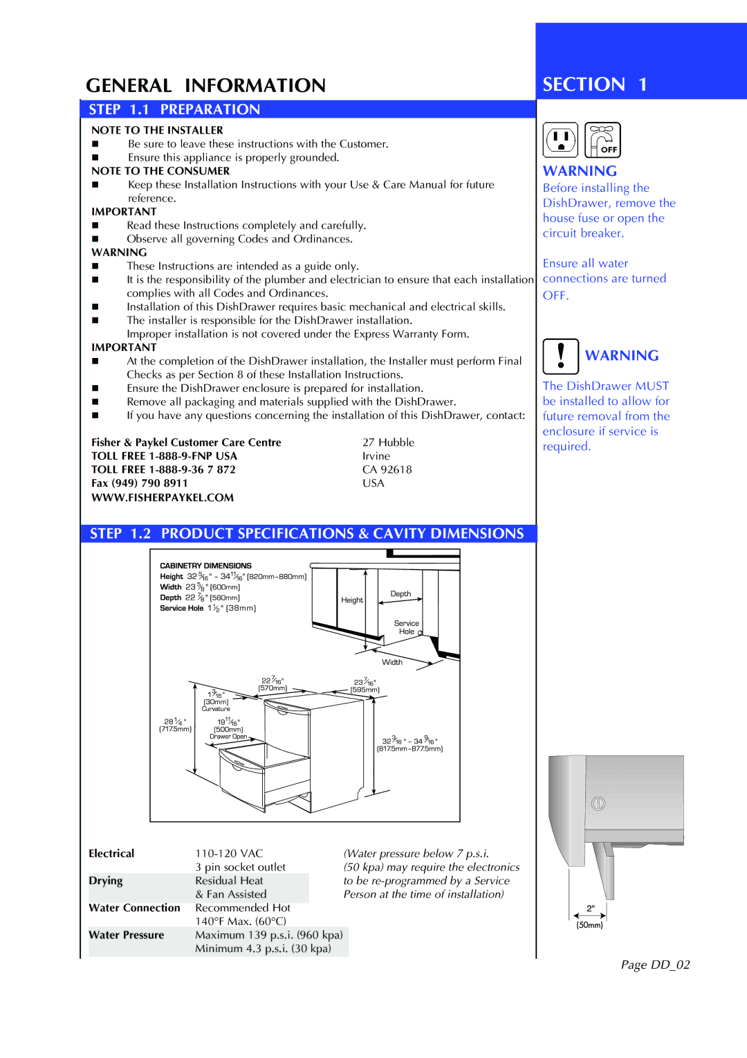 Fisher & Paykel DD602I manual General Information, Preparation, Product Specifications & Cavity Dimensions, DD02 