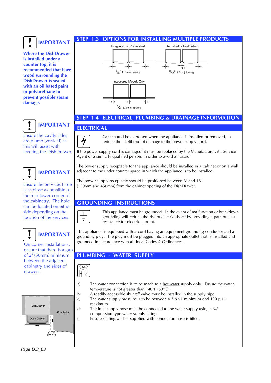 Fisher & Paykel DD602I manual Grounding Instructions, Plumbing Water Supply, DD03 