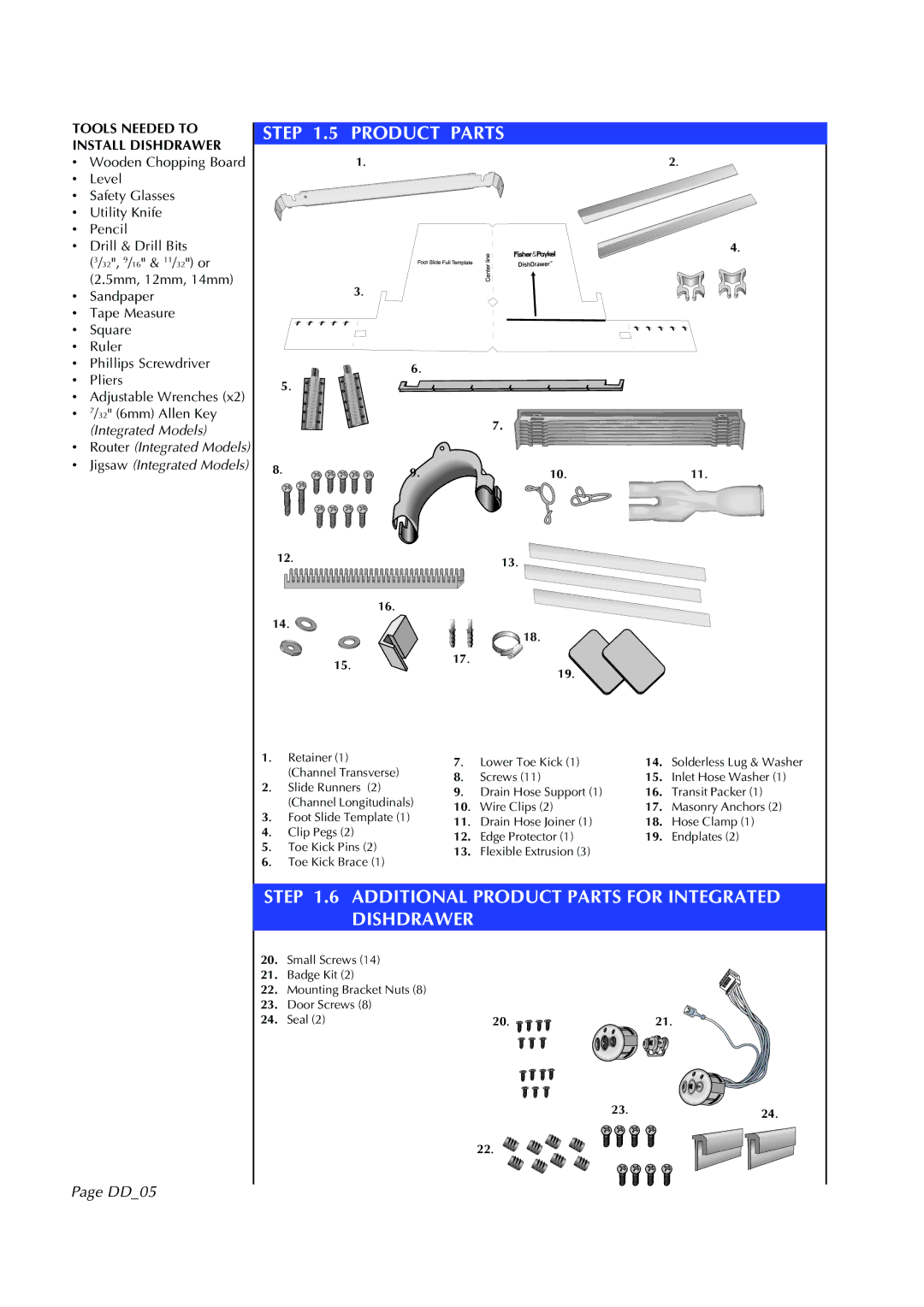 Fisher & Paykel DD602I manual Additional Product Parts for Integrated, DD05 