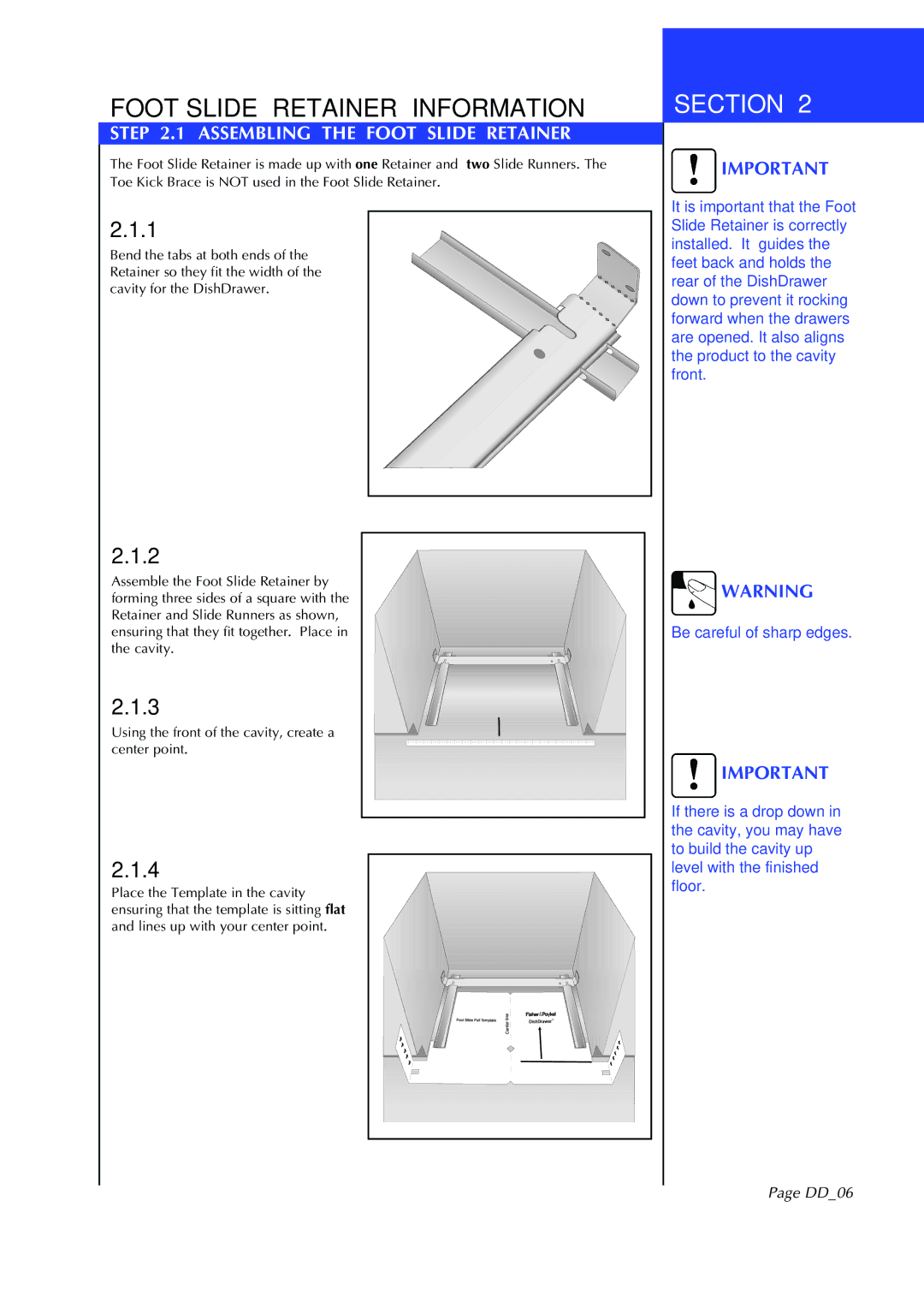 Fisher & Paykel DD602I manual Foot Slide Retainer Information, Assembling the Foot Slide Retainer, DD06 