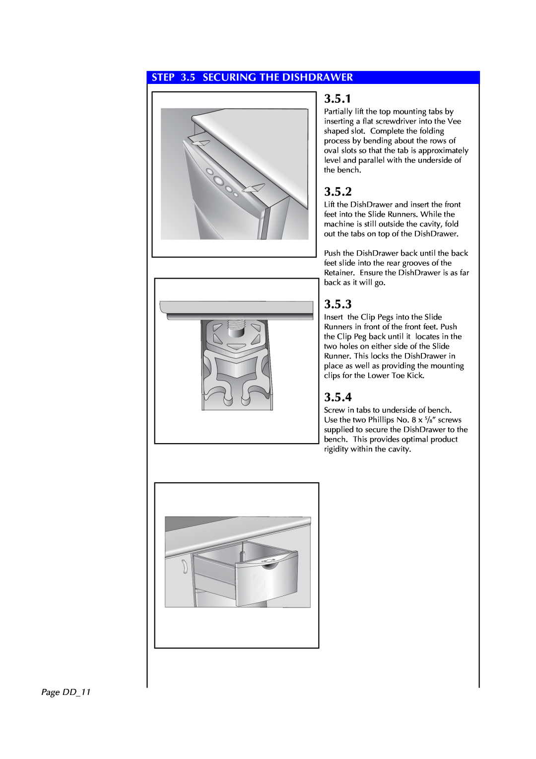 Fisher & Paykel DD602I manual 3.5.1, 3.5.2, 3.5.3, 3.5.4, 5 SECURING THE DISHDRAWER, Page DD11 