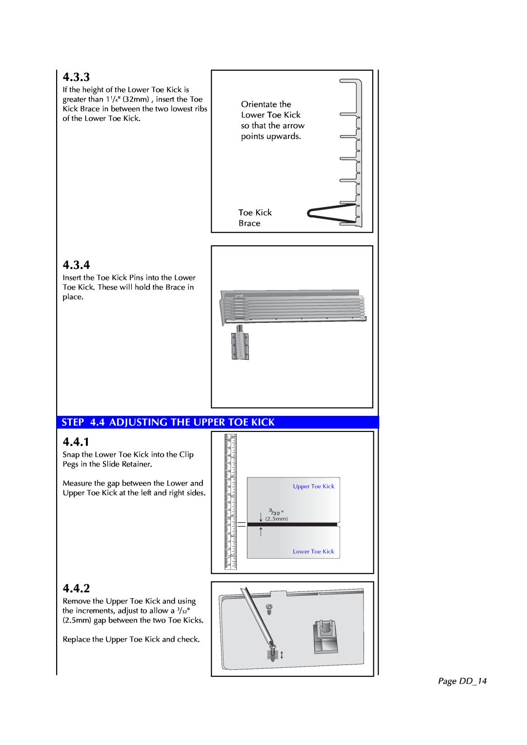 Fisher & Paykel DD602I manual 4.3.3, 4.3.4, 4.4.1, 4.4.2, 4 ADJUSTING THE UPPER TOE KICK, Toe Kick Brace, Page DD14 