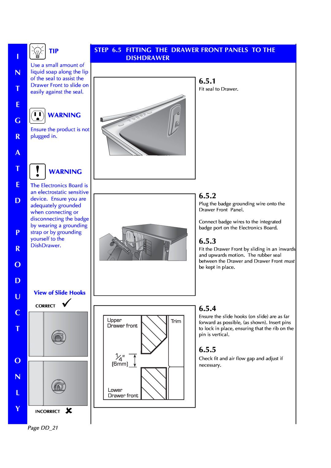 Fisher & Paykel DD602 6.5.1, 6.5.2, 6.5.3, 6.5.4, 6.5.5, 5 FITTING THE DRAWER FRONT PANELS TO THE DISHDRAWER, Page DD21 