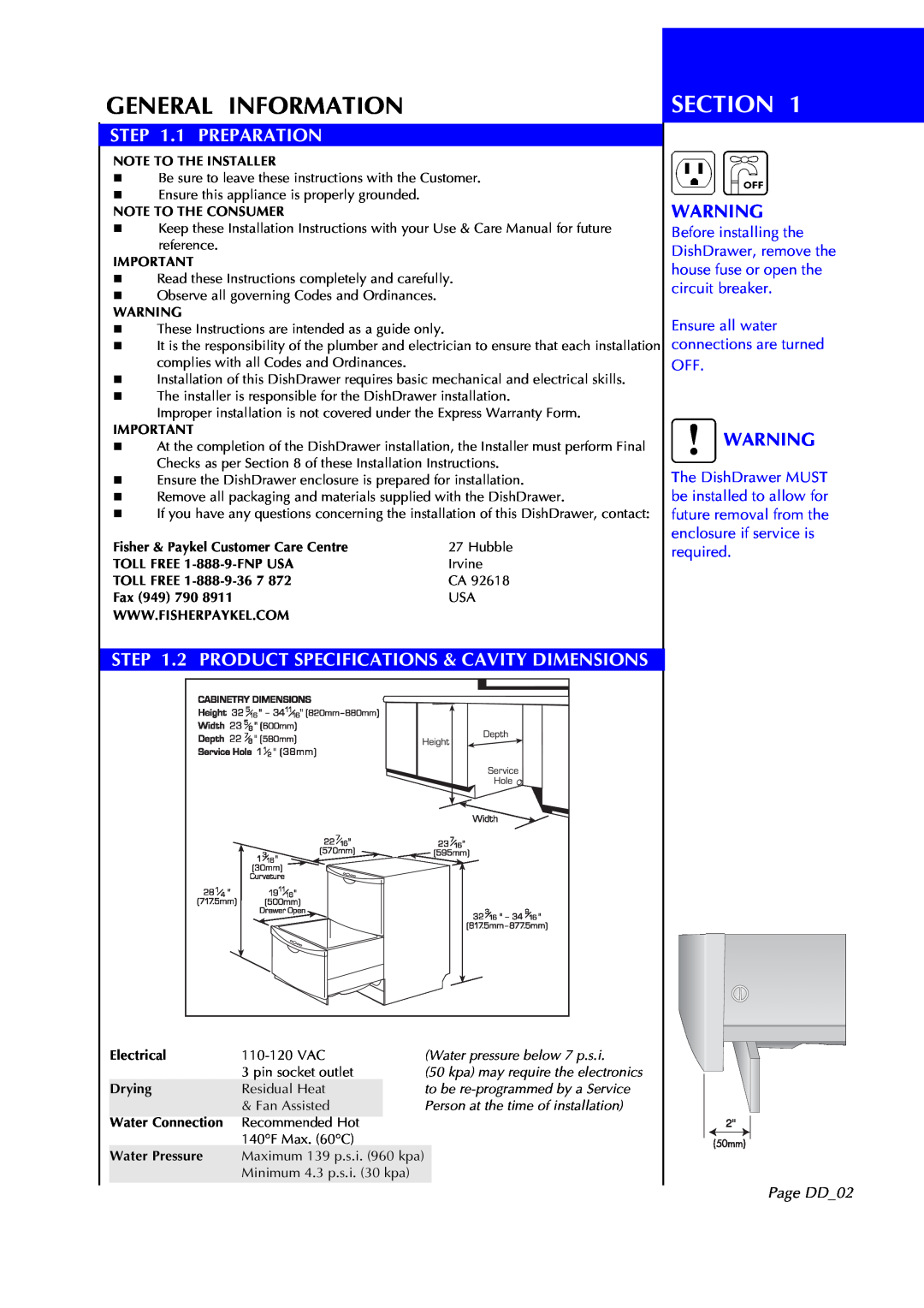 Fisher & Paykel DD602I manual General Information, Section, 1 PREPARATION, 2 PRODUCT SPECIFICATIONS & CAVITY DIMENSIONS 