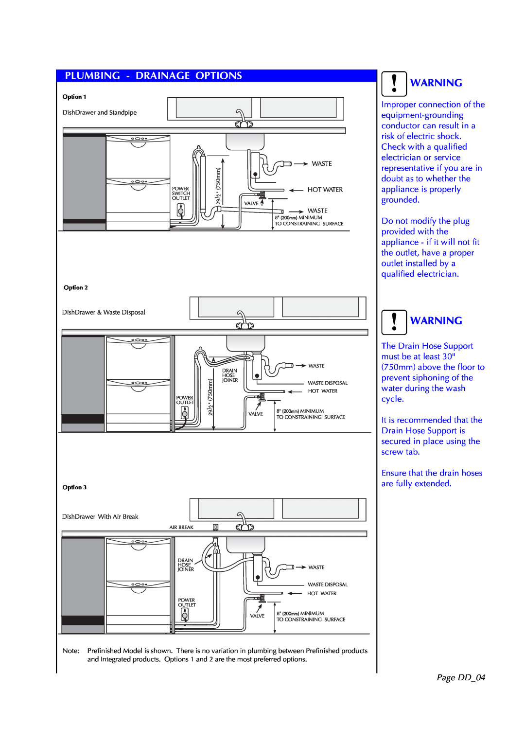 Fisher & Paykel DD602I manual Plumbing - Drainage Options, Ensure that the drain hoses are fully extended, Page DD04 