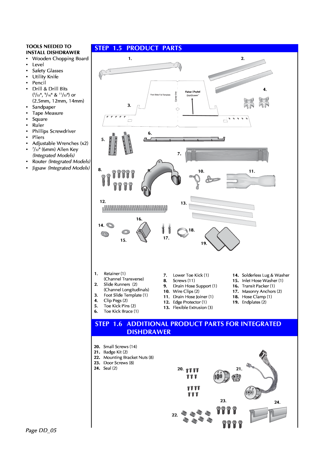 Fisher & Paykel DD602 5 PRODUCT PARTS, 6 ADDITIONAL PRODUCT PARTS FOR INTEGRATED, Dishdrawer, Page DD05, Integrated Models 