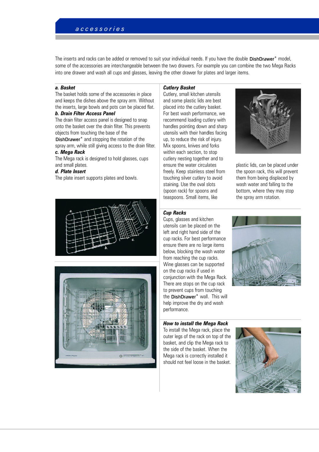 Fisher & Paykel DD603 manual C e s s o r i e s, Plate Insert, Cutlery Basket, Cup Racks 