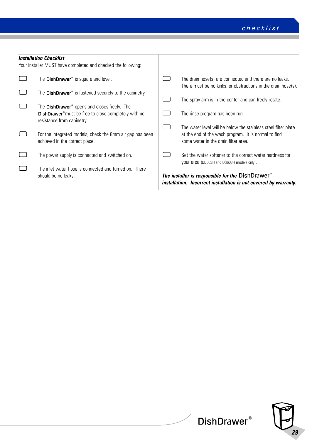 Fisher & Paykel DD603 manual E c k l i s t, Is square and level Is fastened securely to the cabinetry 
