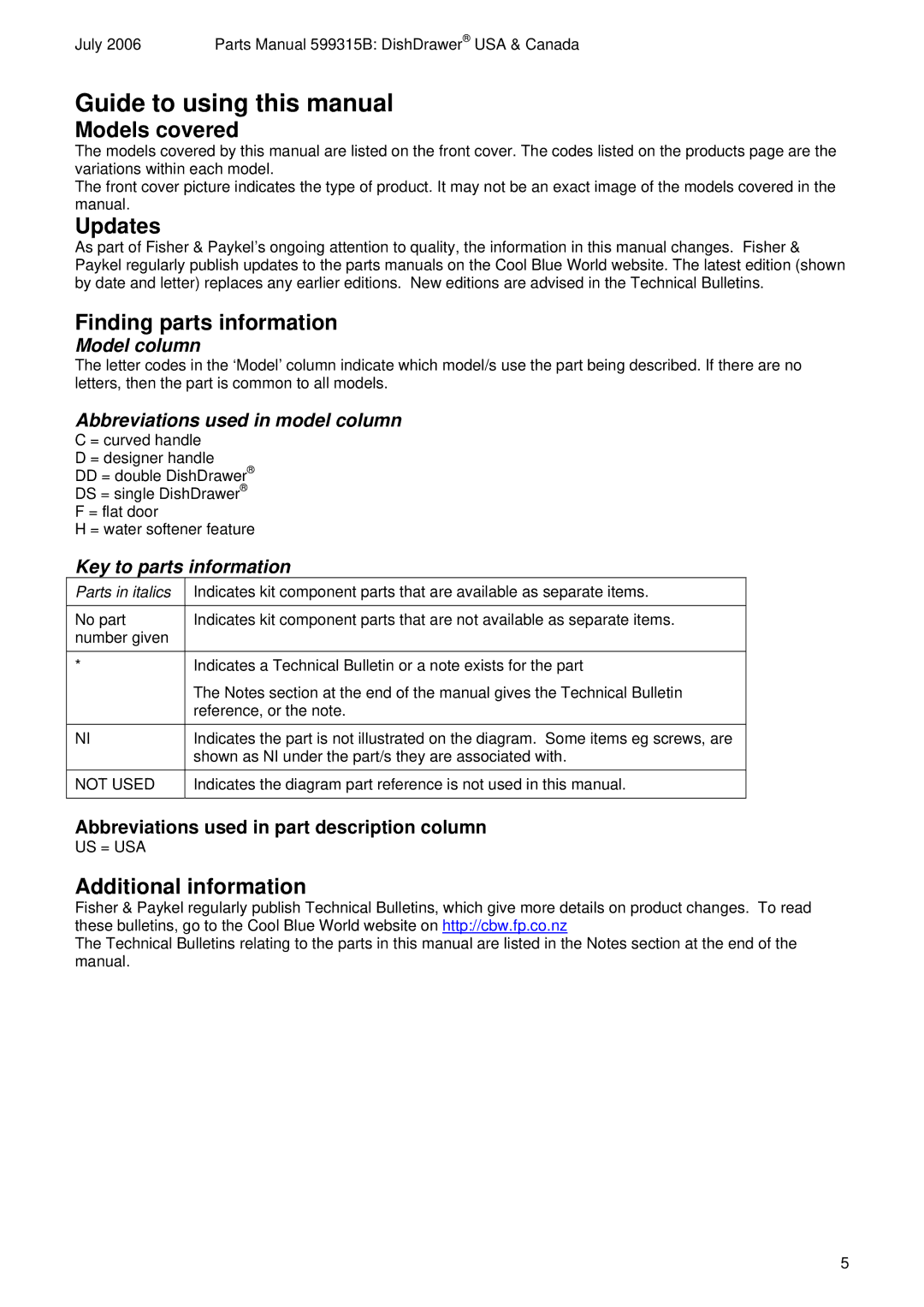 Fisher & Paykel DD603FC, DD603FD manual Models covered, Updates, Finding parts information, Additional information, Not Used 