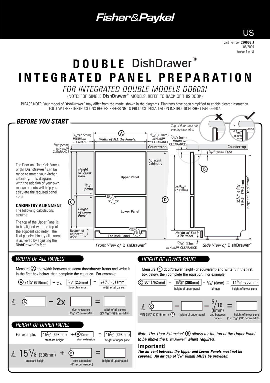 Fisher & Paykel DD603I installation instructions Before YOU Start, Width of ALL Panels, Height of Upper Panel 