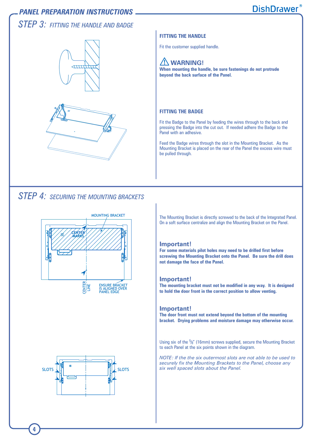 Fisher & Paykel DD603I Fitting the Handle and Badge, Securing the Mounting Brackets, Fitting the Badge 