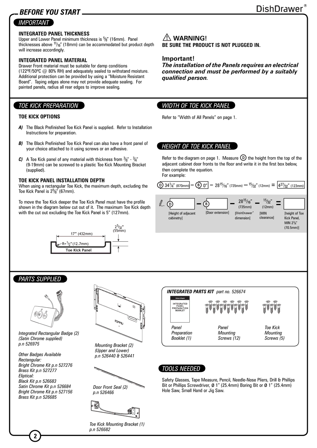 Fisher & Paykel DD603I TOE Kick Preparation, Width of TOE Kick Panel, Height of TOE Kick Panel, Parts Supplied 