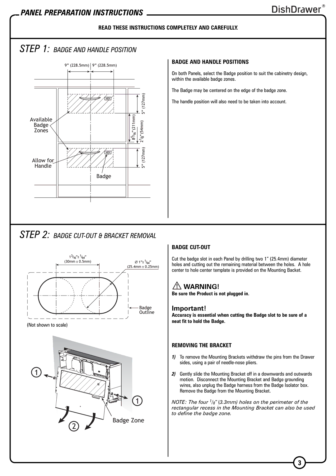 Fisher & Paykel DD603I installation instructions Panel Preparation Instructions, Badge and Handle Position 