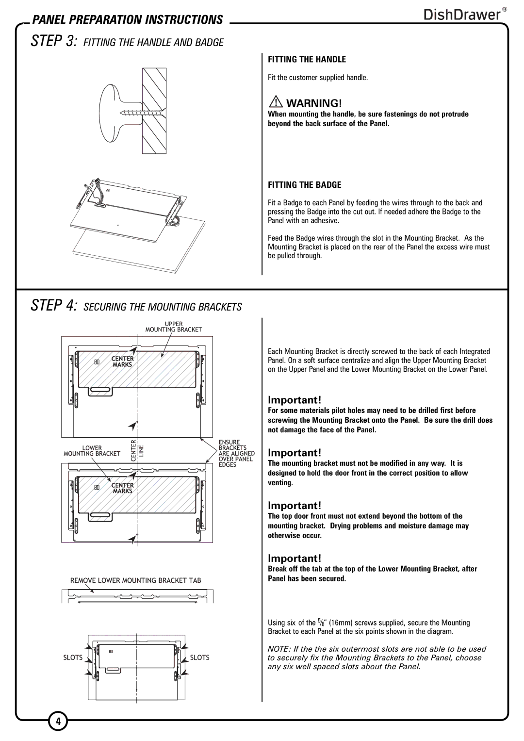 Fisher & Paykel DD603I Fitting the Handle and Badge, Securing the Mounting Brackets, Fitting the Badge 