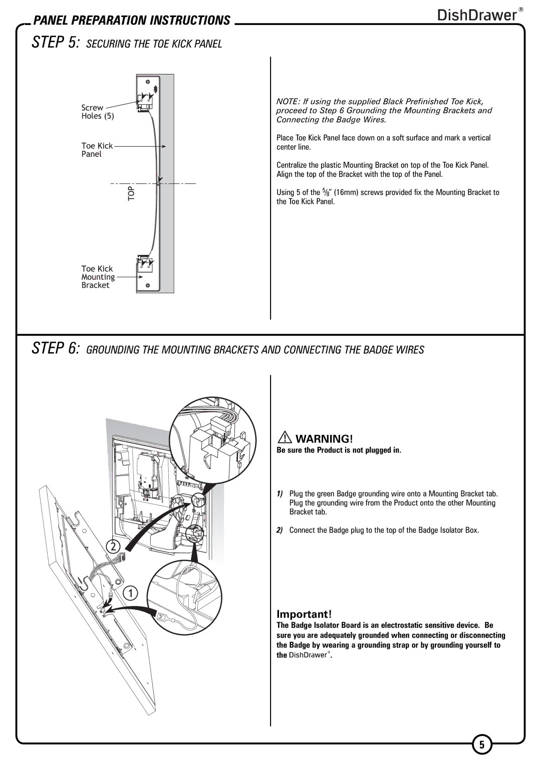 Fisher & Paykel DD603I installation instructions Securing the TOE Kick Panel, Be sure the Product is not plugged 