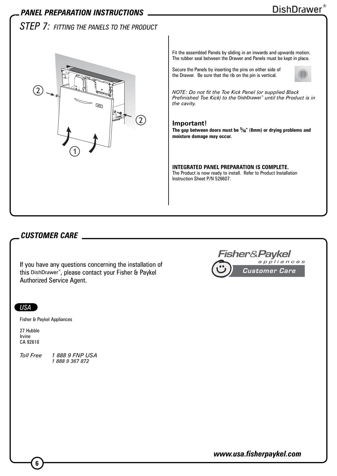 Fisher & Paykel DD603I Customer Care, Fitting the Panels to the Product, Usa, Integrated Panel Preparation is Complete 