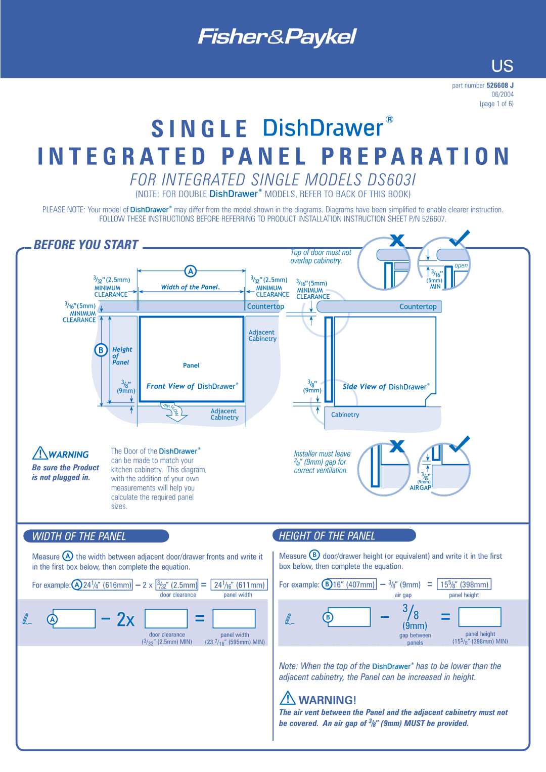 Fisher & Paykel DD603I installation instructions Before YOU Start, Width of the Panel, Height of the Panel 