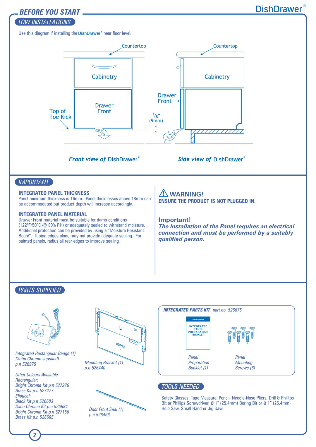 Fisher & Paykel DD603I installation instructions LOW Installations, Integrated Panel Thickness, Integrated Panel Material 