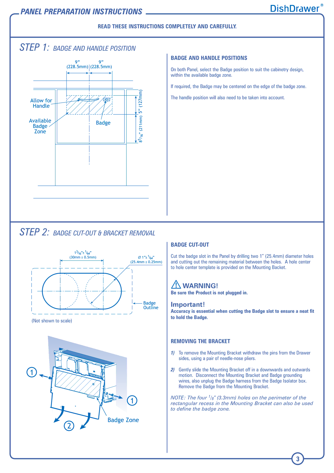 Fisher & Paykel DD603I installation instructions Panel Preparation Instructions, Badge and Handle Position 