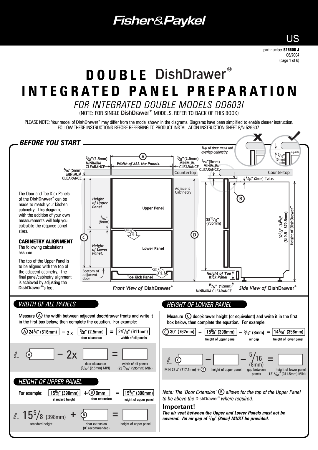 Fisher & Paykel DD603I installation instructions Before You Start, Width Of All Panels, Height Of Upper Panel, For example 