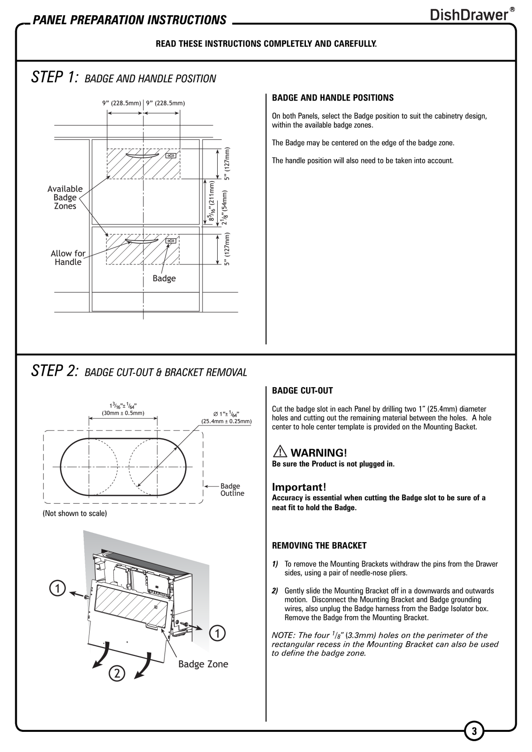 Fisher & Paykel DD603I Panel Preparation Instructions, Badge And Handle Positions, Badge Cut-Out, Removing The Bracket 