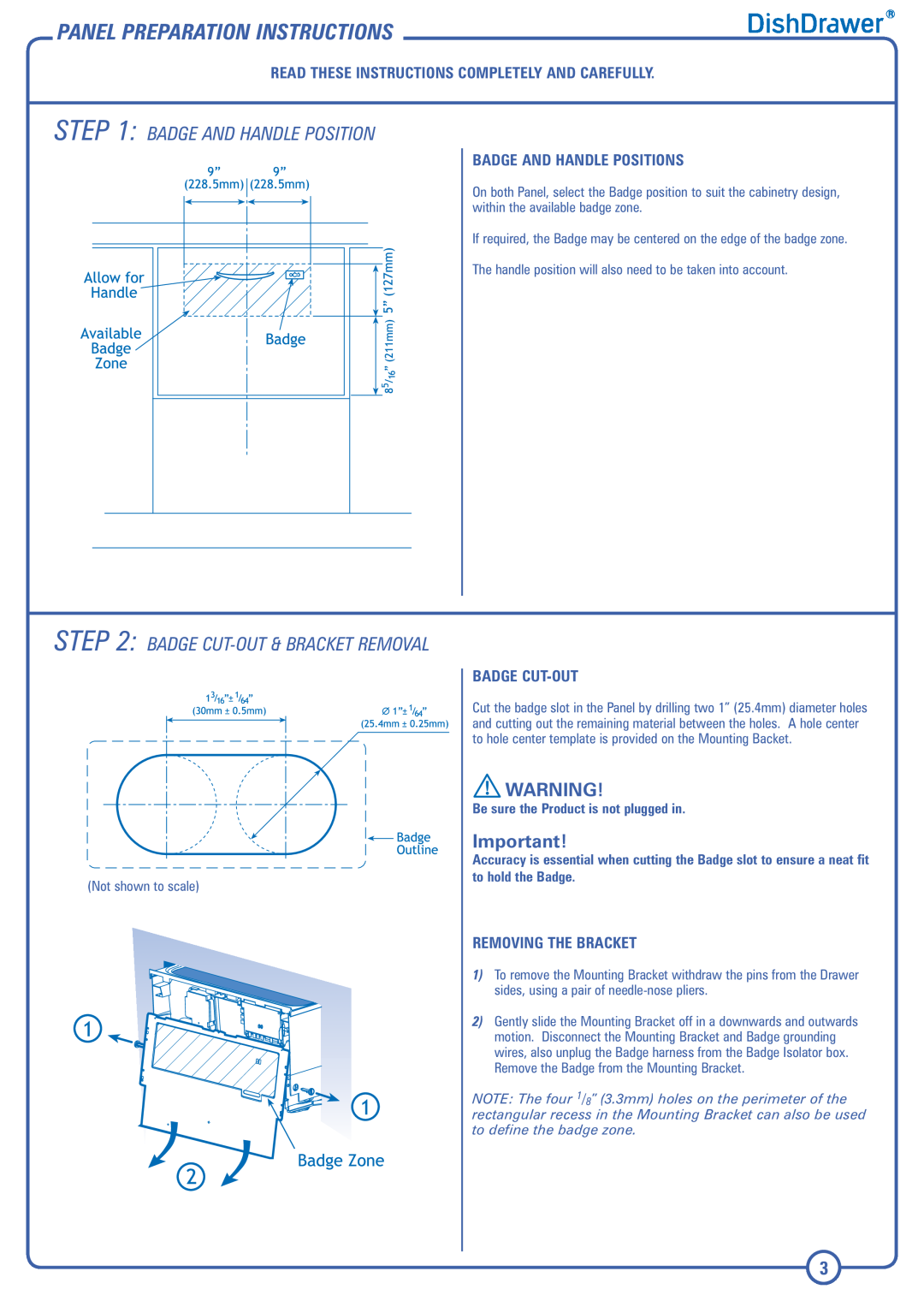 Fisher & Paykel DD603I Panel Preparation Instructions, Badge And Handle Positions, Badge Cut-Out, Removing The Bracket 