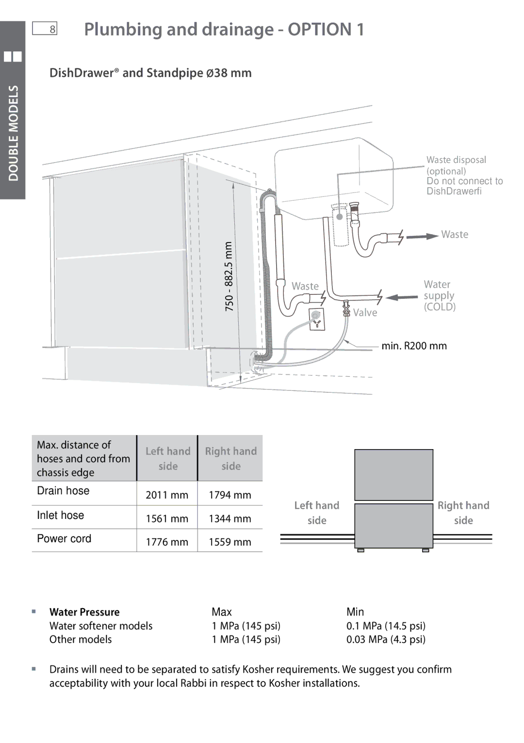 Fisher & Paykel DD605 installation instructions Plumbing and drainage Option, DishDrawer and Standpipe Ø38 mm 