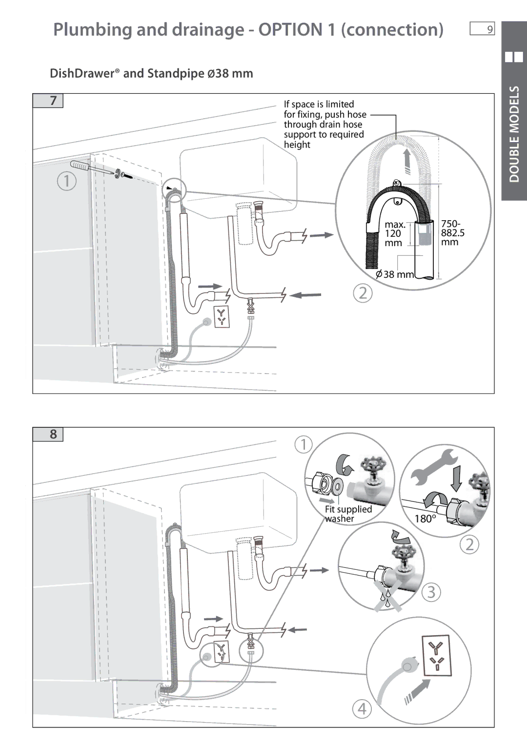 Fisher & Paykel DD605 installation instructions Plumbing and drainage Option 1 connection 