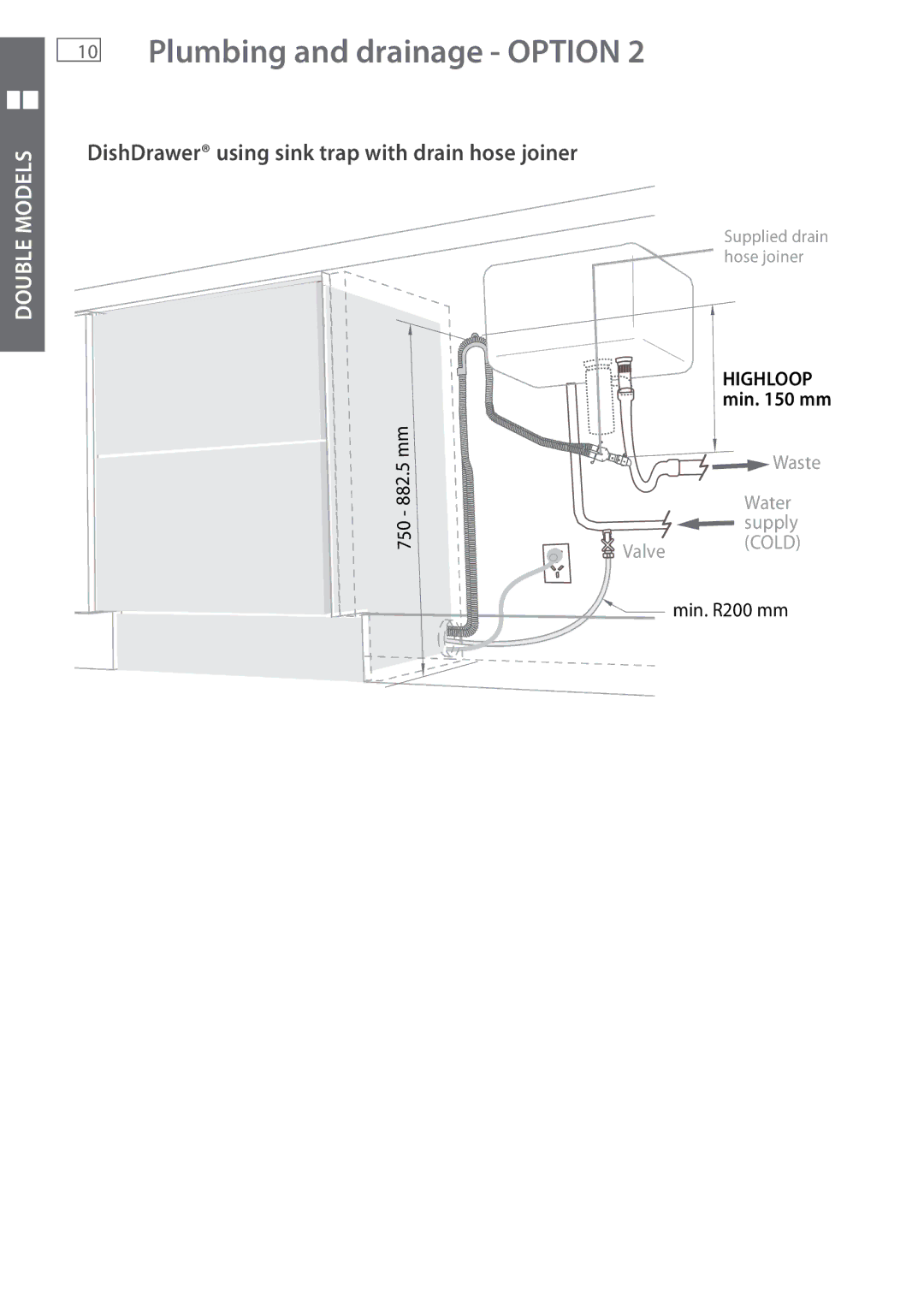 Fisher & Paykel DD605 installation instructions DishDrawer using sink trap with drain hose joiner 