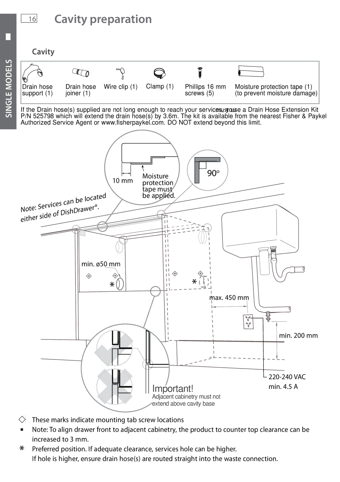 Fisher & Paykel DD605 installation instructions 90o 