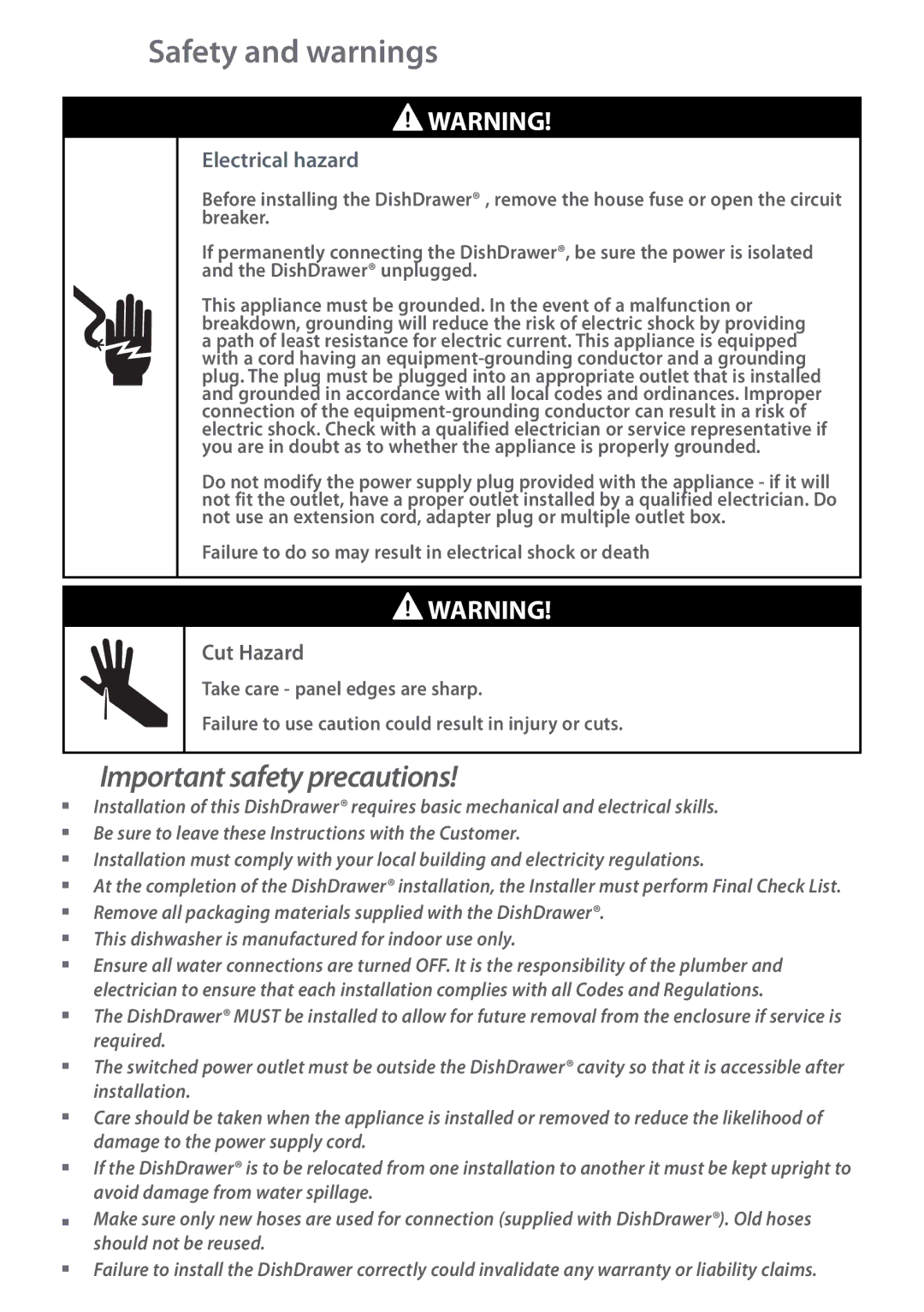 Fisher & Paykel DD605 installation instructions Safety and warnings, Electrical hazard 