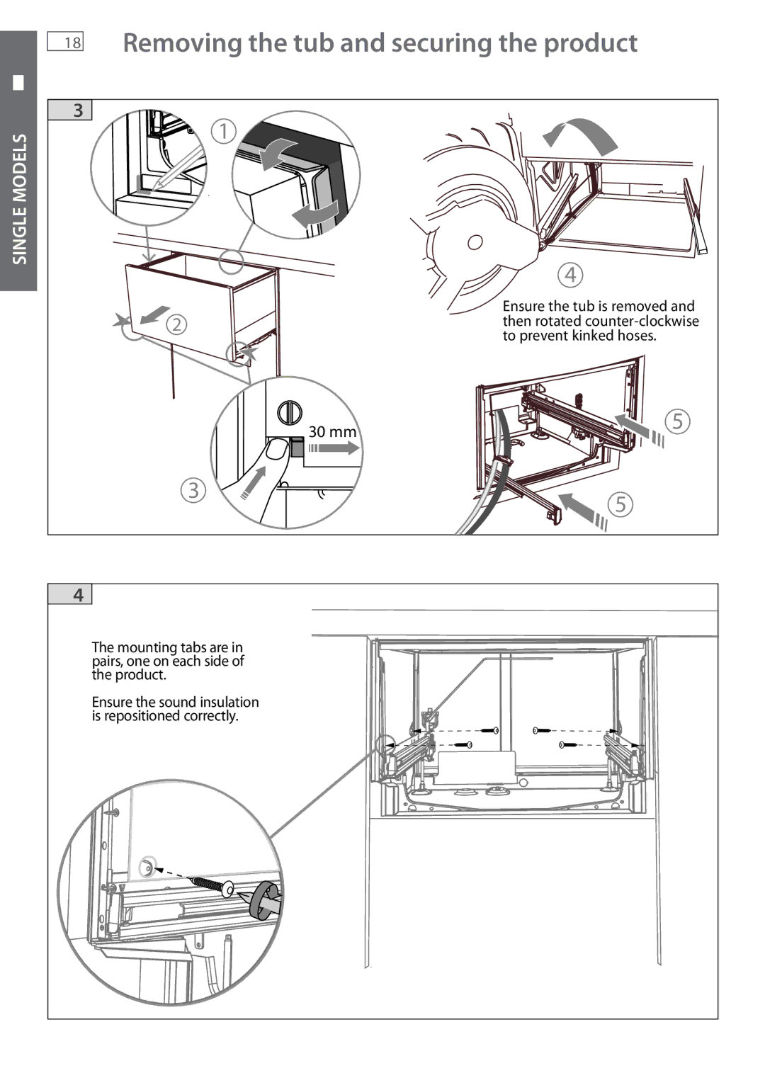 Fisher & Paykel DD605 installation instructions Removing the tub and securing the product 