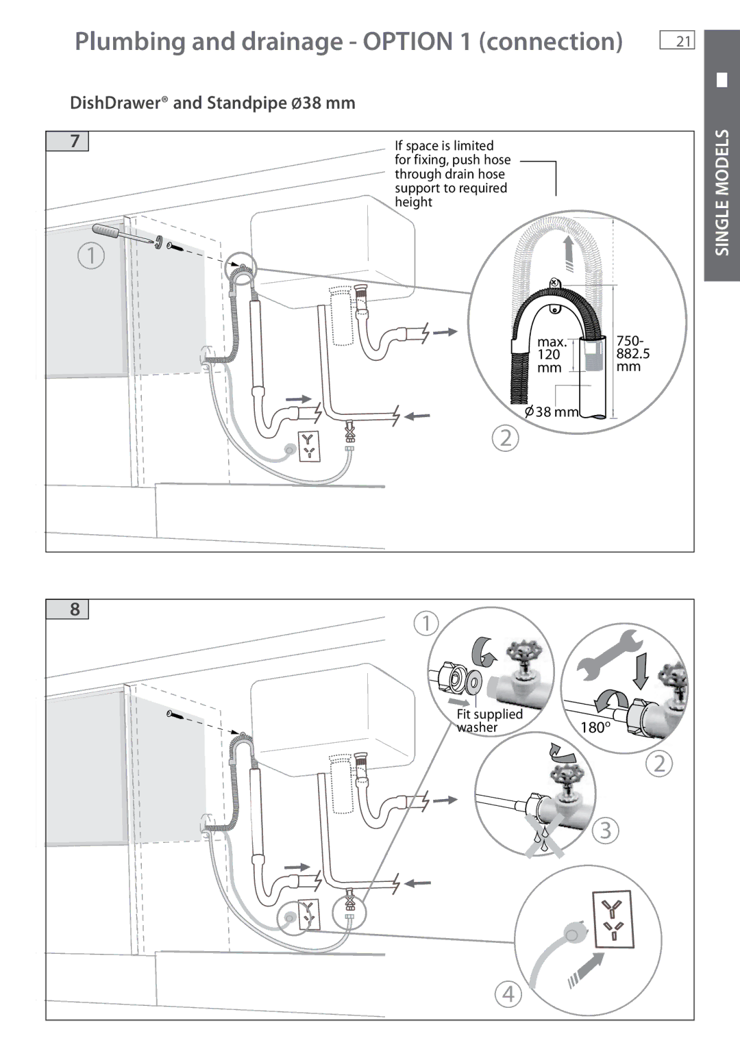 Fisher & Paykel DD605 installation instructions Plumbing and drainage Option 1 connection 