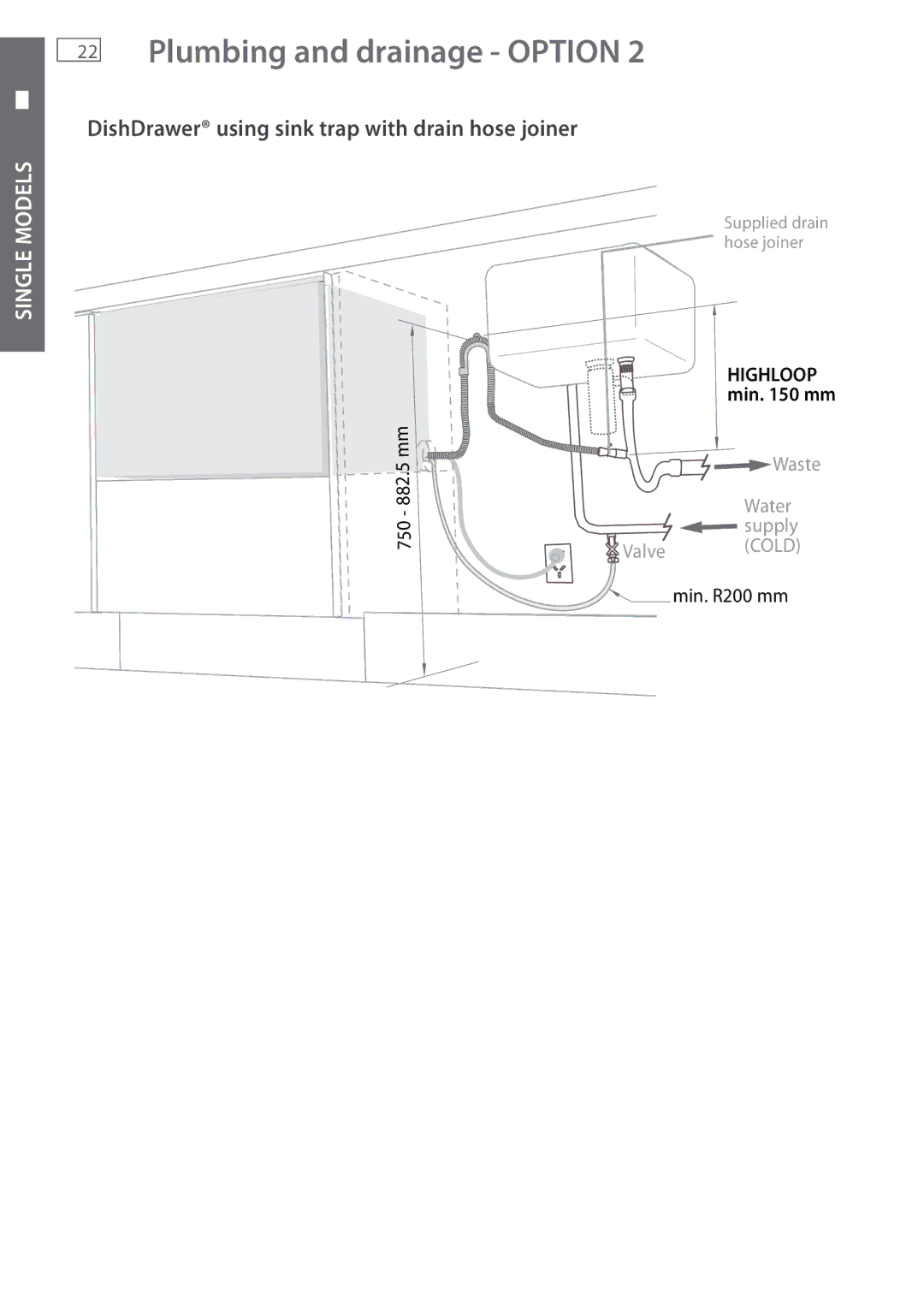 Fisher & Paykel DD605 installation instructions DishDrawer using sink trap with drain hose joiner 