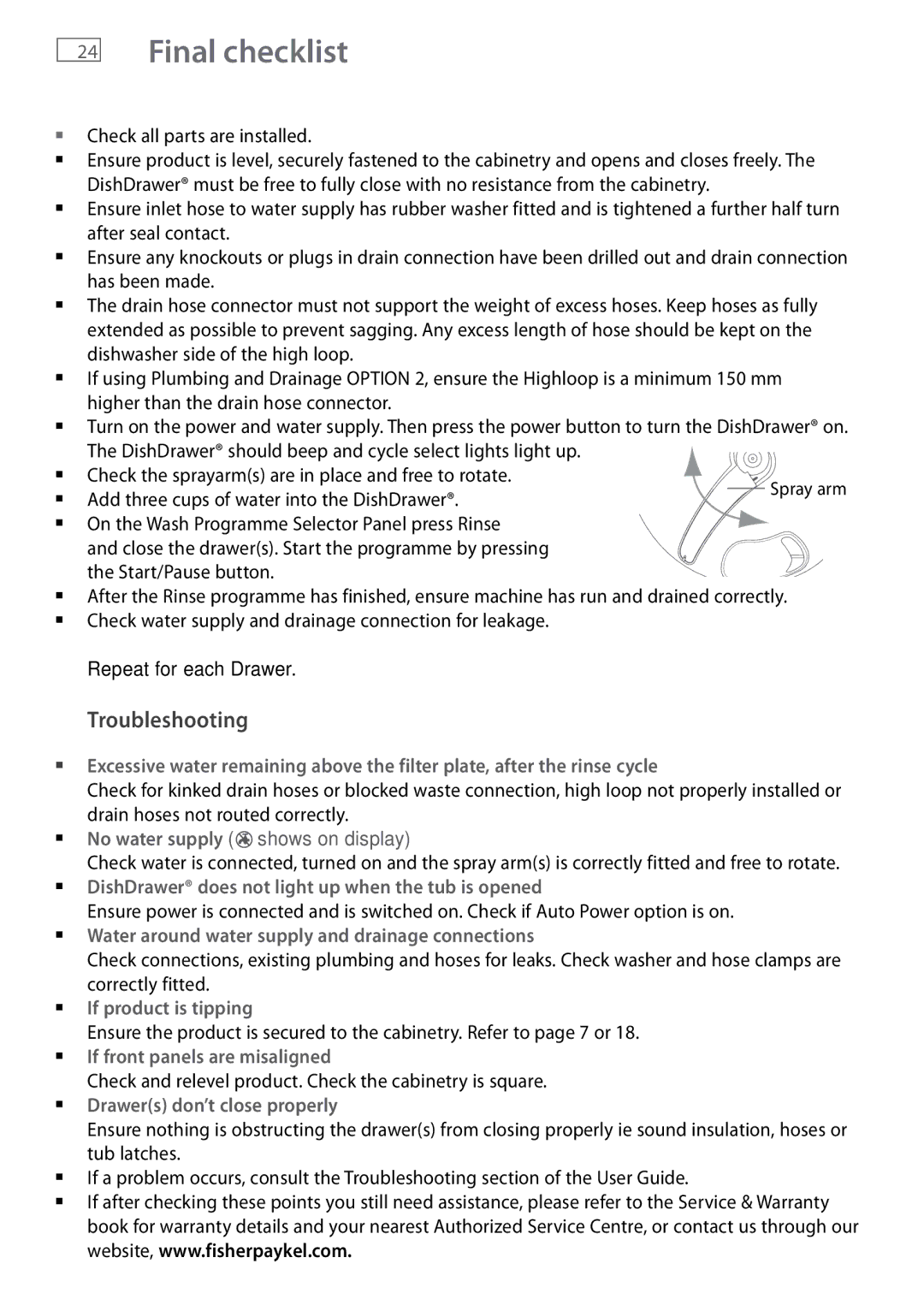 Fisher & Paykel DD605 installation instructions Final checklist, Check all parts are installed 