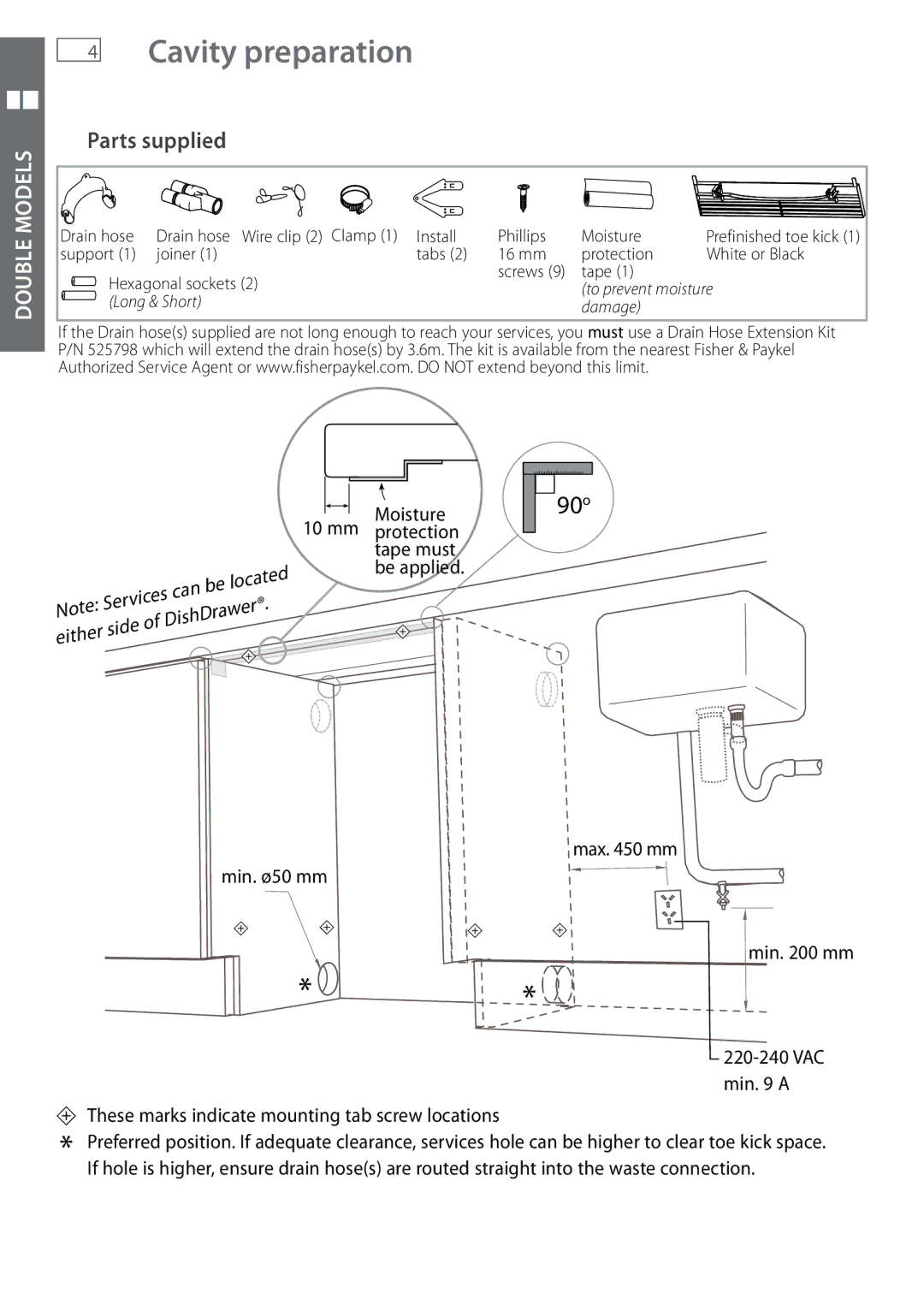 Fisher & Paykel DD605 installation instructions Cavity preparation, Parts supplied 