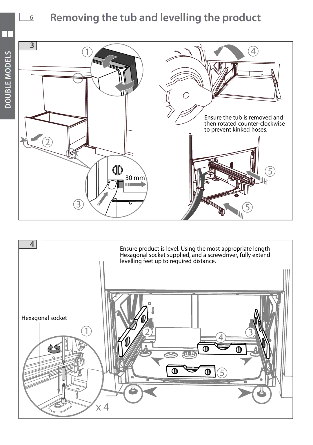 Fisher & Paykel DD605 installation instructions Removing the tub and levelling the product, 30 mm 