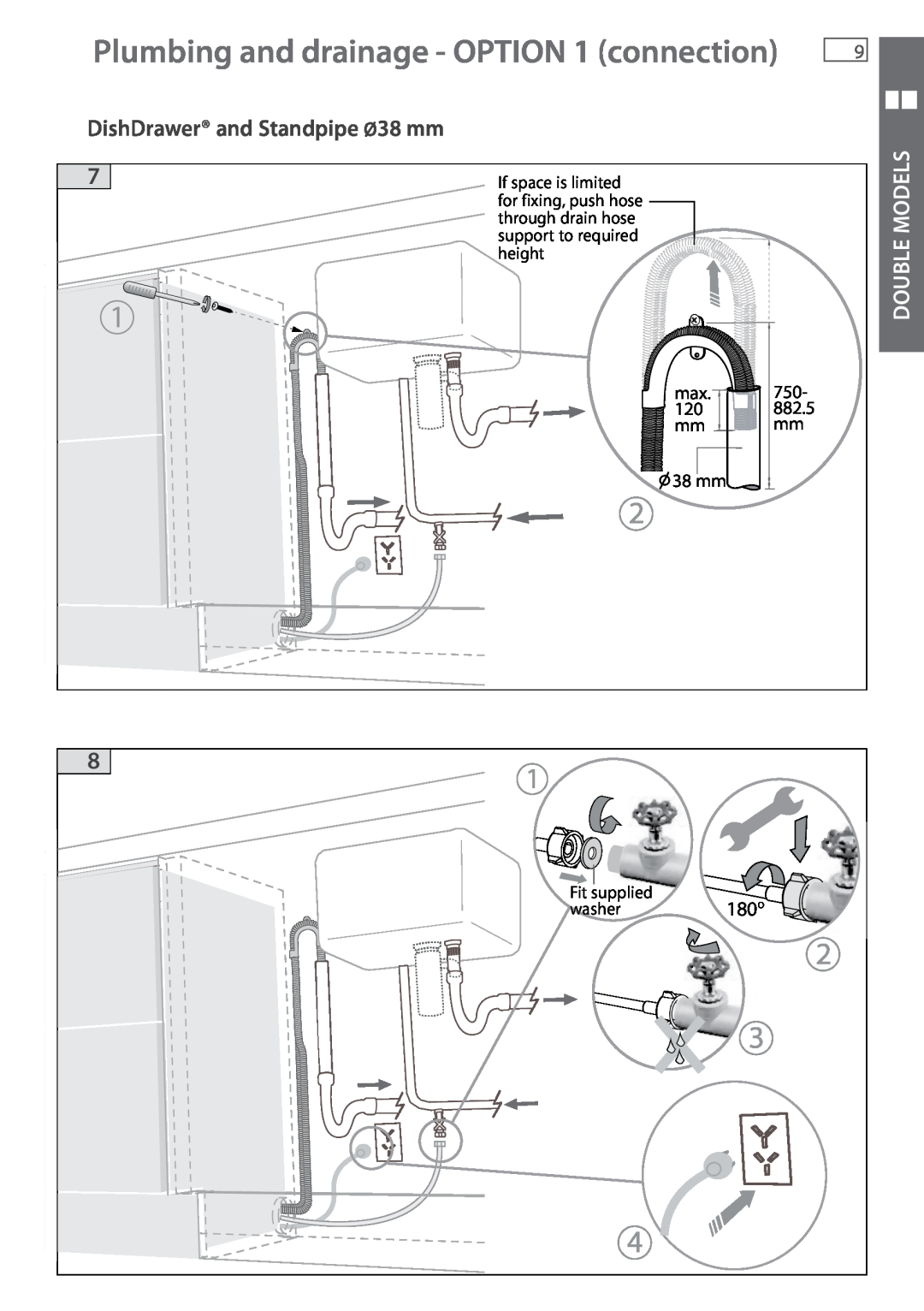 Fisher & Paykel DD605 Plumbing and drainage - OPTION 1 connection, DishDrawer and Standpipe Ø38 mm, Double Models, 180o 
