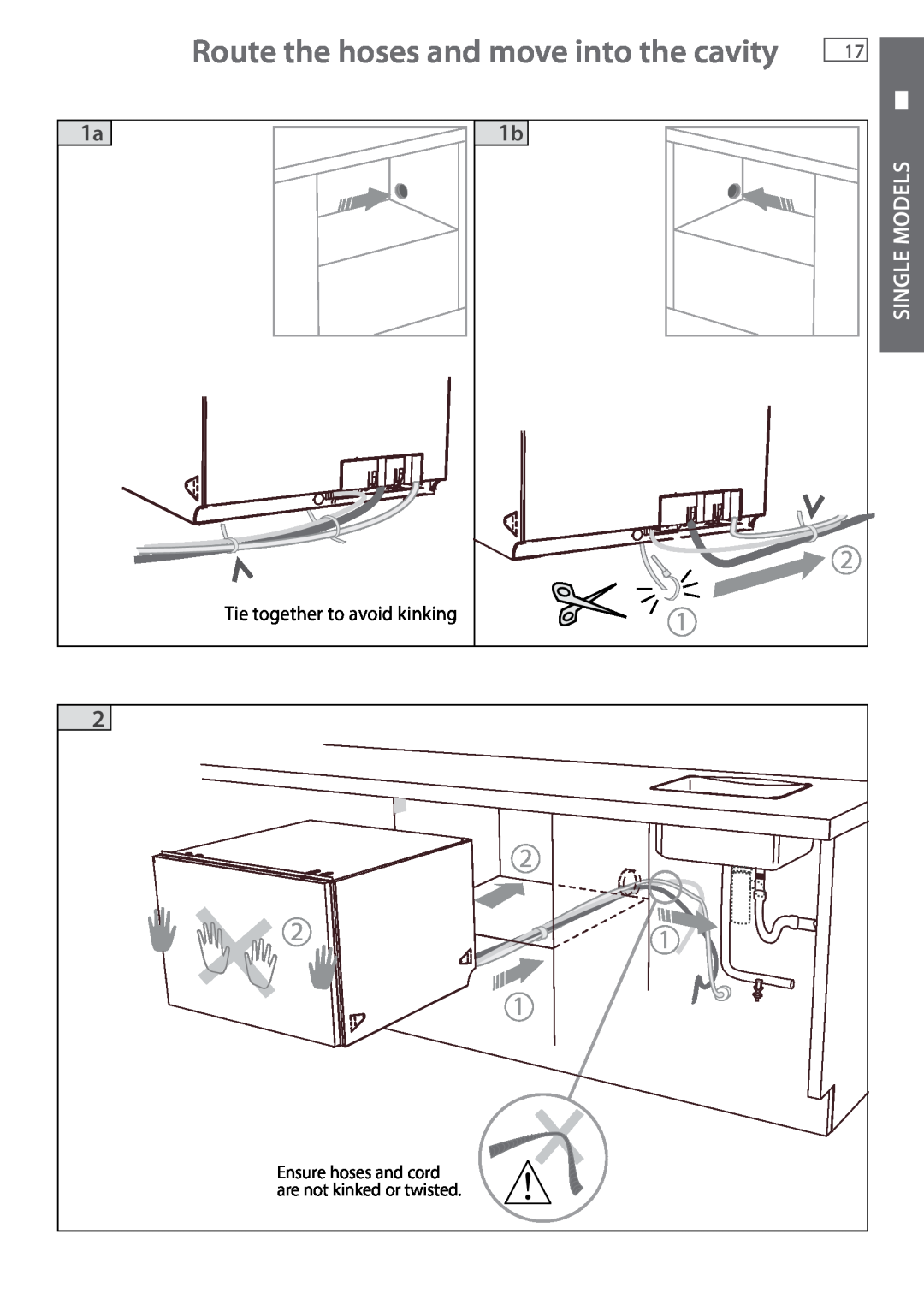 Fisher & Paykel DD605 Route the hoses and move into the cavity, Single Models, Tie together to avoid kinking 