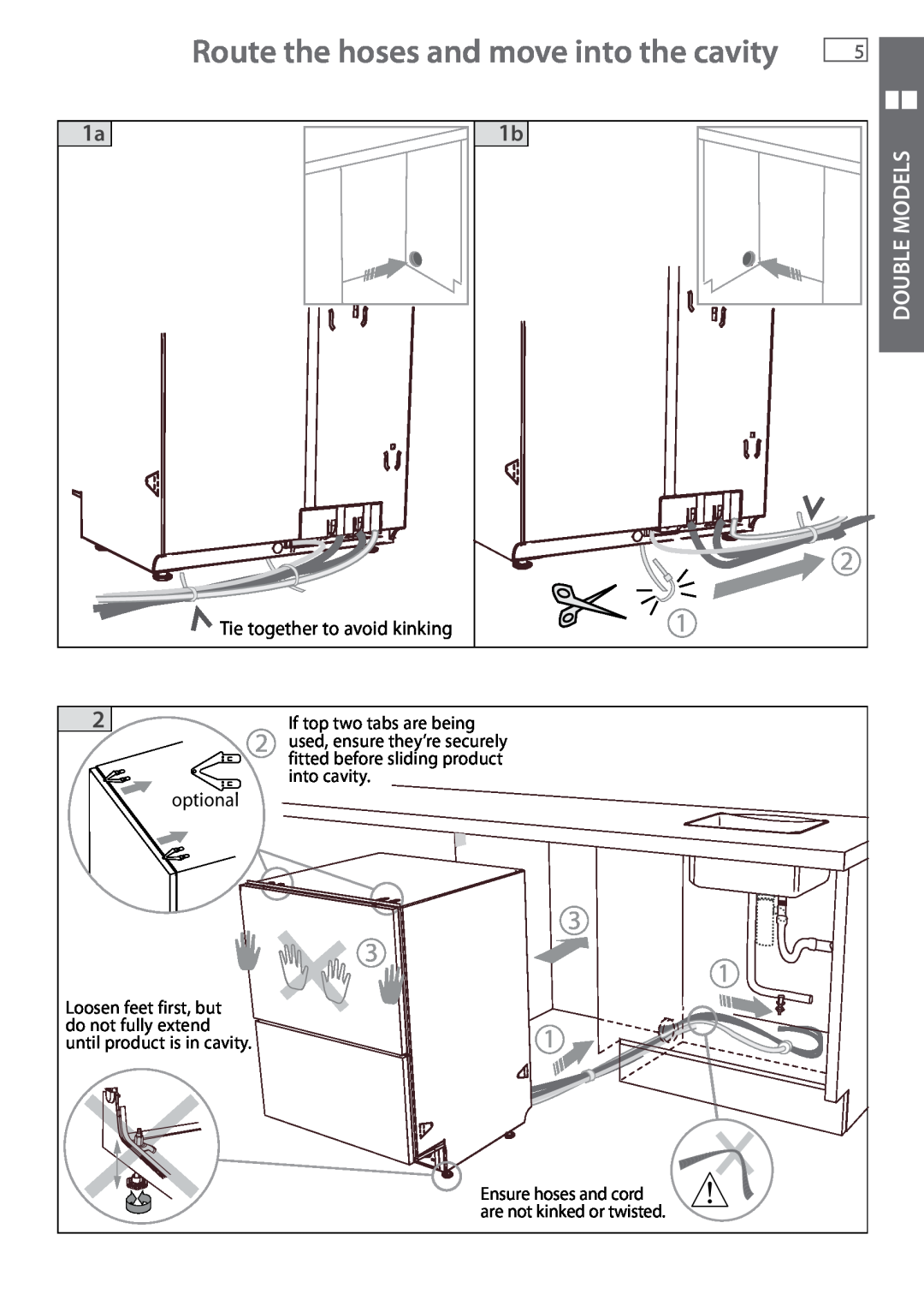 Fisher & Paykel DD605 installation instructions Route the hoses and move into the cavity, 3 3, optional, Double Models 