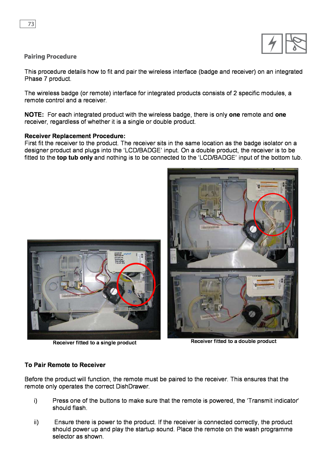 Fisher & Paykel DD247, DD607 service manual Pairing Procedure, Receiver Replacement Procedure, To Pair Remote to Receiver 