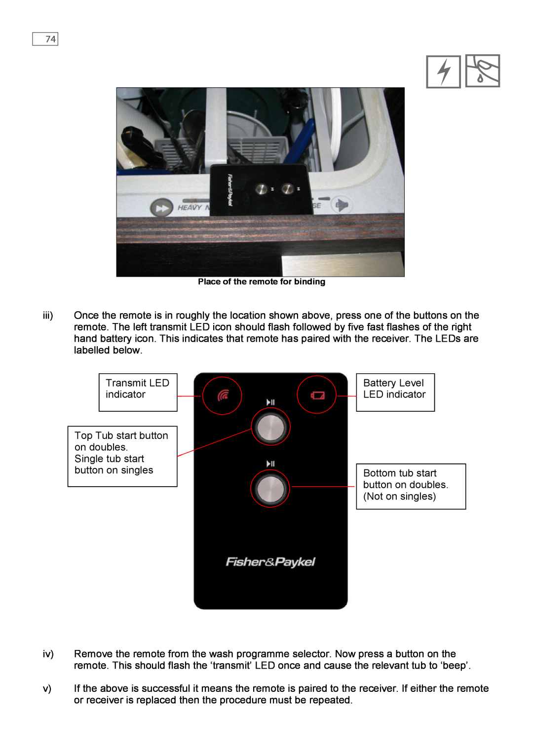 Fisher & Paykel DD607, DD247 service manual Transmit LED indicator Top Tub start button on doubles 