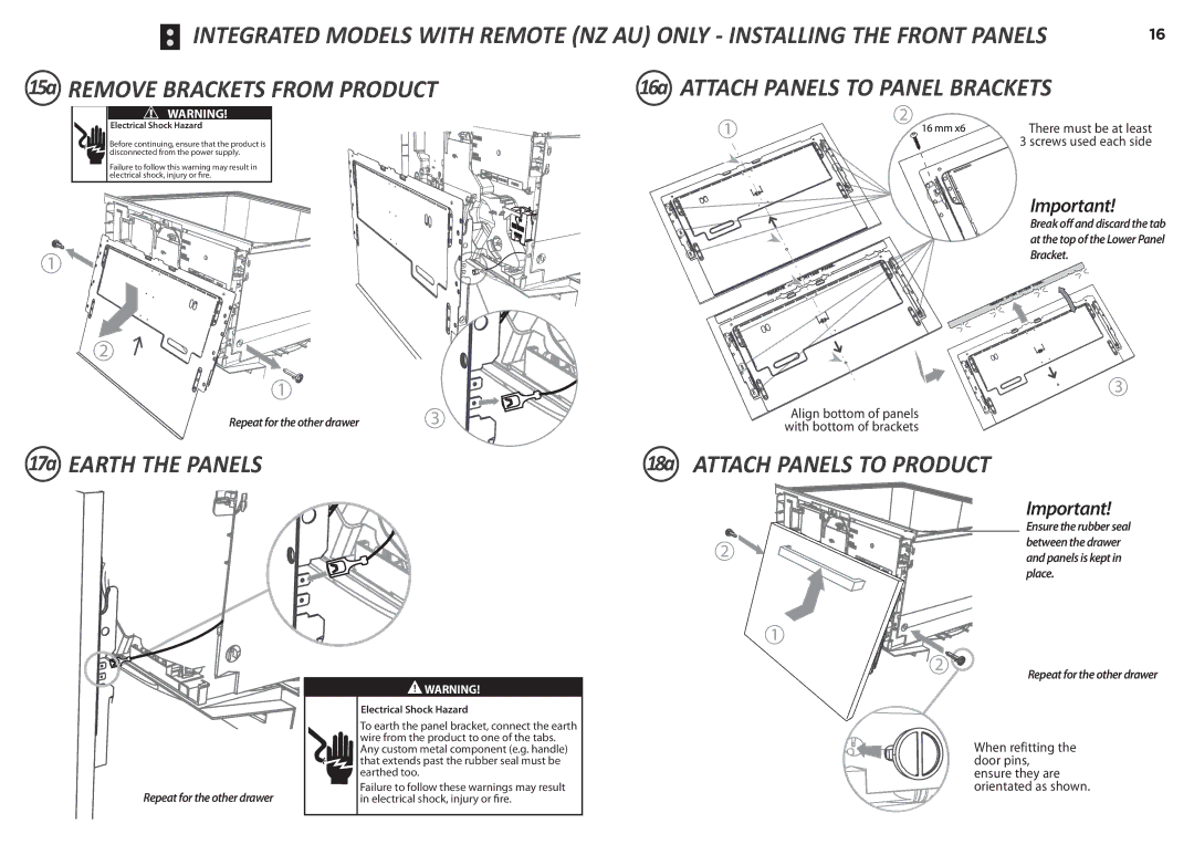 Fisher & Paykel DD60D 7 15a Remove Brackets from Product, 16a Attach Panels to Panel Brackets, 17a Earth the Panels 