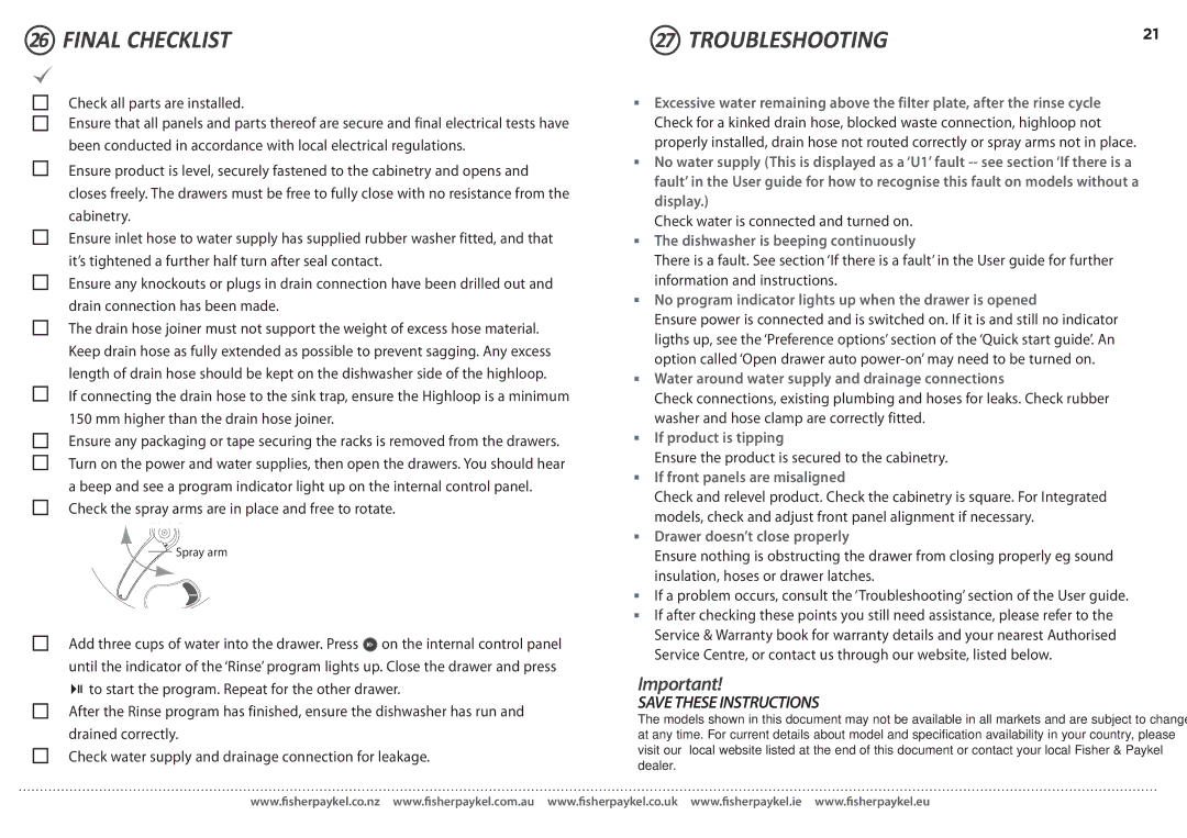 Fisher & Paykel DD60D 7 installation instructions Final Checklist, Troubleshooting 