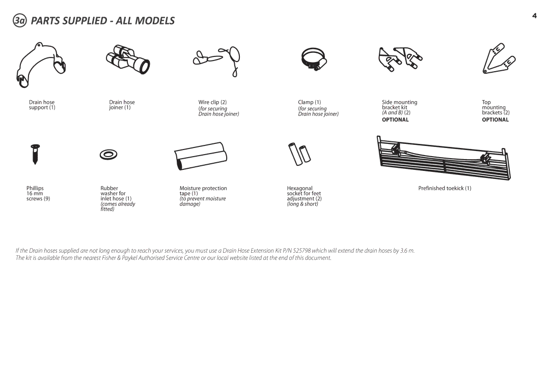 Fisher & Paykel DD60D 7 3a Parts Supplied ALL Models, For securing, Drain hose joiner, To prevent moisture 