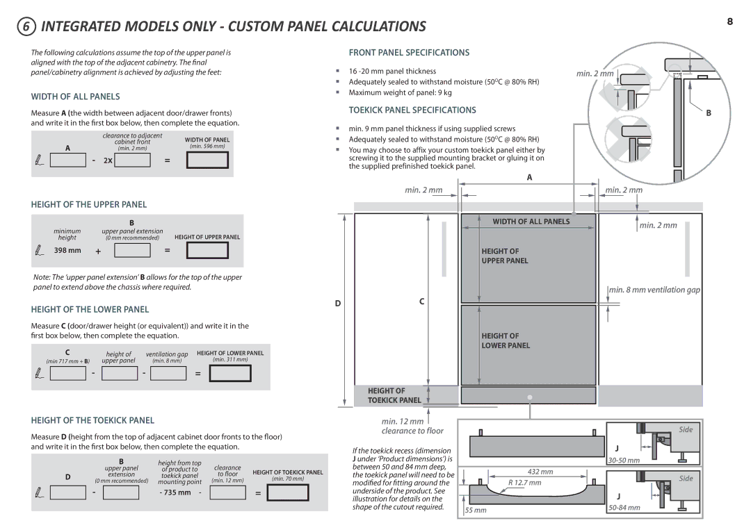 Fisher & Paykel DD60D 7 installation instructions Integrated Models only Custom Panel Calculations, Width of ALL Panels 