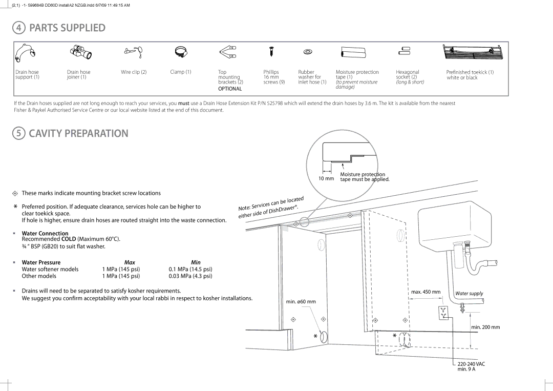 Fisher & Paykel DD60D manual Parts Supplied, Cavity Preparation, Water Connection, Water Pressure, Services 