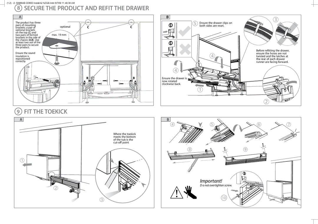 Fisher & Paykel DD60D manual Secure the Product and Refit the Drawer, FIT the Toekick 