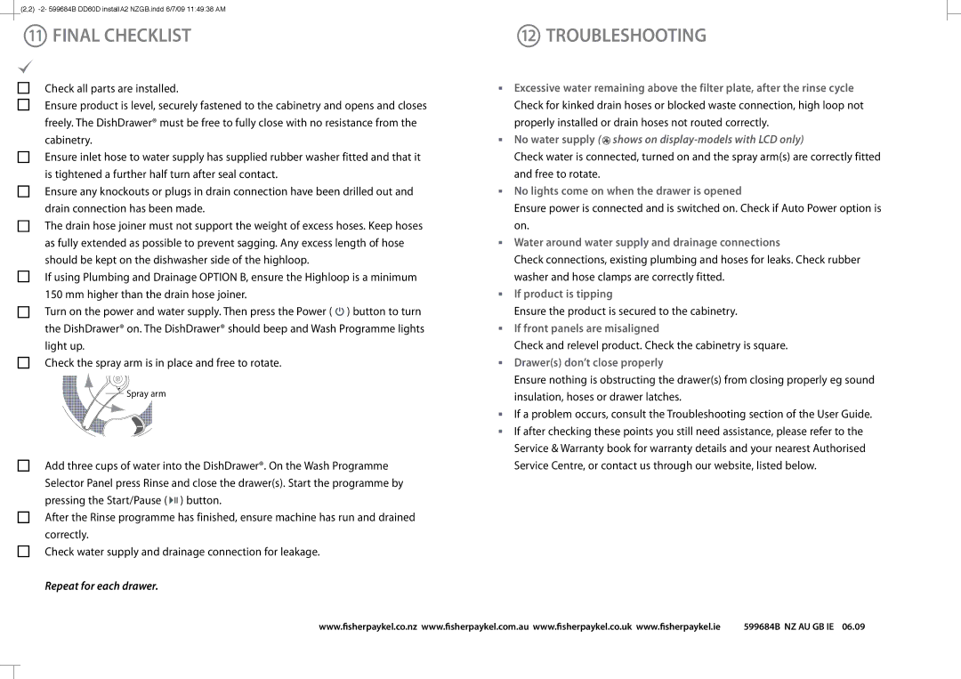 Fisher & Paykel DD60D manual Final Checklist, Troubleshooting 